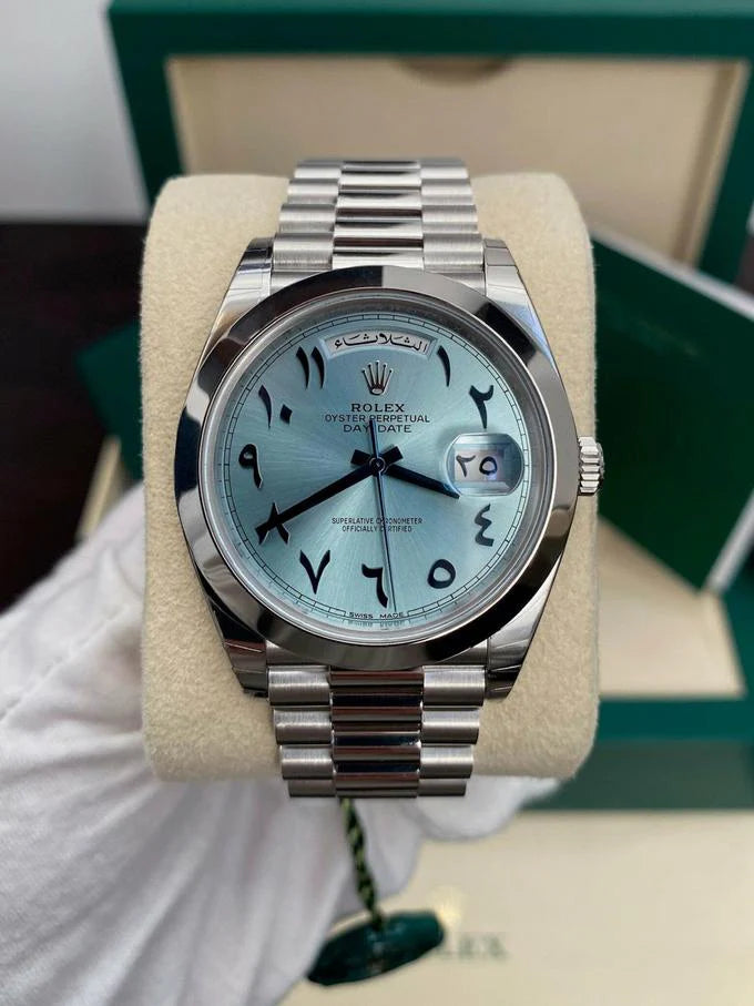 Rolex Day-Date 40 Platinum Ice Blue Dial – Arabic Eastern Numerals