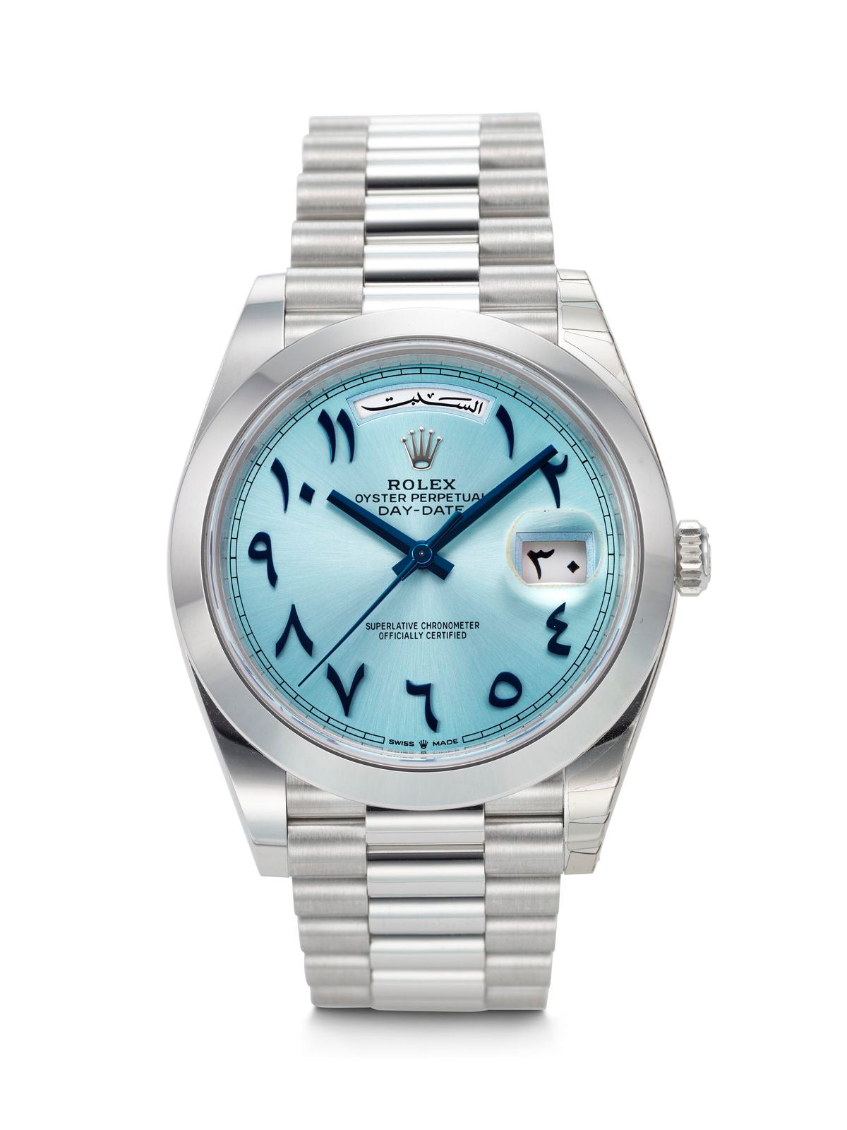 Rolex Day-Date 40 Platinum Ice Blue Dial – Arabic Eastern Numerals