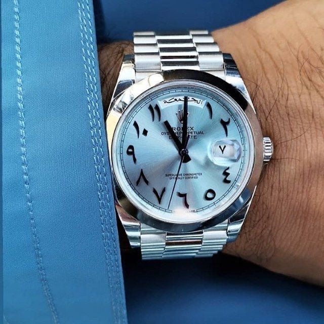 Rolex Day-Date 40 Platinum Ice Blue Dial – Arabic Eastern Numerals